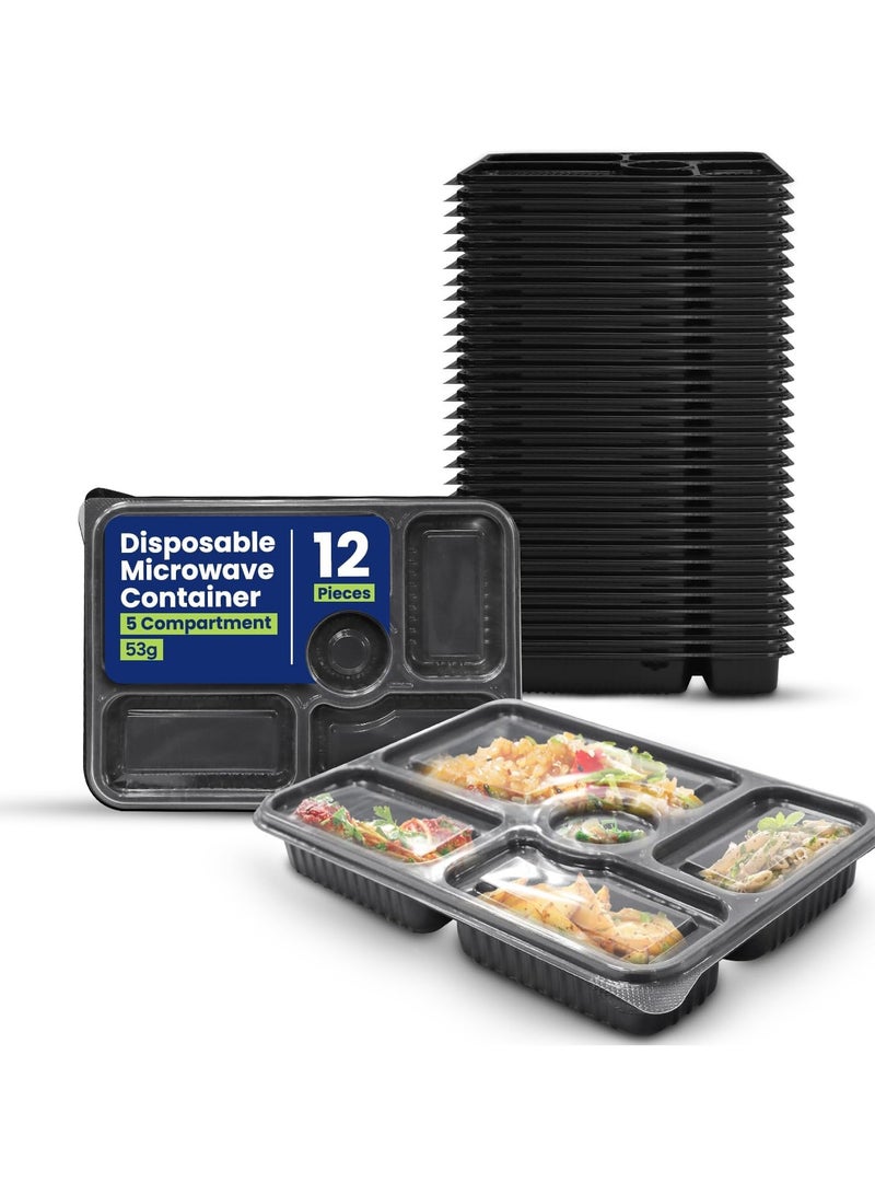 SNH Packing Black Microwave Container With Lid 5 Compartments BPA Free Stackable Lunch Boxes 12 Pieces - Image 1